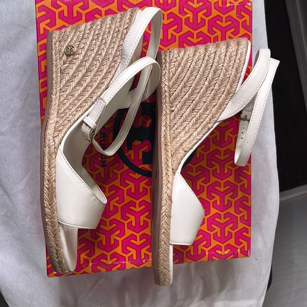 TORY BURCH Landon wedge Espadrille Leather Wedge Sandals Size:10 NEW